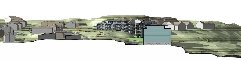 PLANFORSLAGET 47 Figur 5-11, snitt gjennom foreslått ny bebyggelse med 5 etasjer + parkeringskjeller på felt B10.