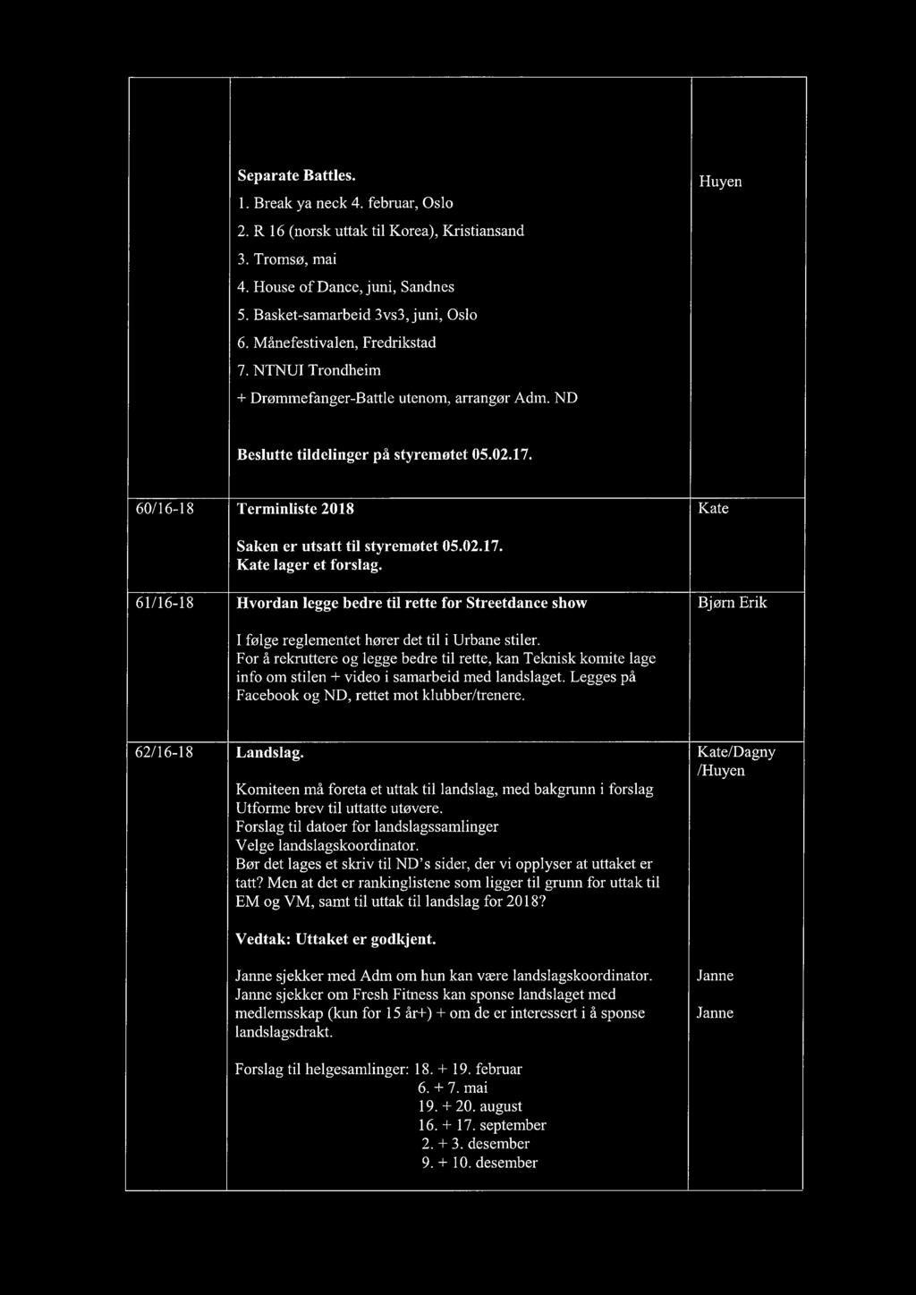 Separate Battles. 1. Break ya neck 4. februar, Oslo 2. R 16 (norsk uttak til Korea), Kristiansand 3. Tromsø, mai 4. House of Dance, juni, Sandnes 5. Basket-samarbeid 3vs3, juni, Oslo 6.