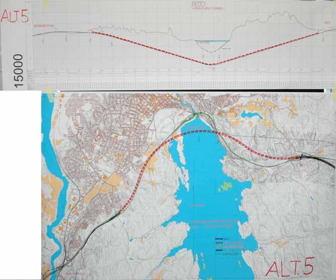 3.4 Alternativ 5 Lang fjelltunnel Lang fjelltunnel under Farris. Tunnelen må ligge langt inn mot Farriseidet fordi seismiske målinger viser at det er der vi finner antatt fjell.