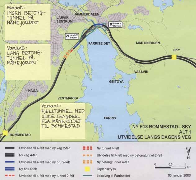 6.2 Alt 1 - Utvidelse langs dagens veg Dagens veg utvides med veg i dagen på hele strekningen, med unntak av strekningen gjennom Larviksporten, som forlenges med en 100 meter lang betongtunnel på