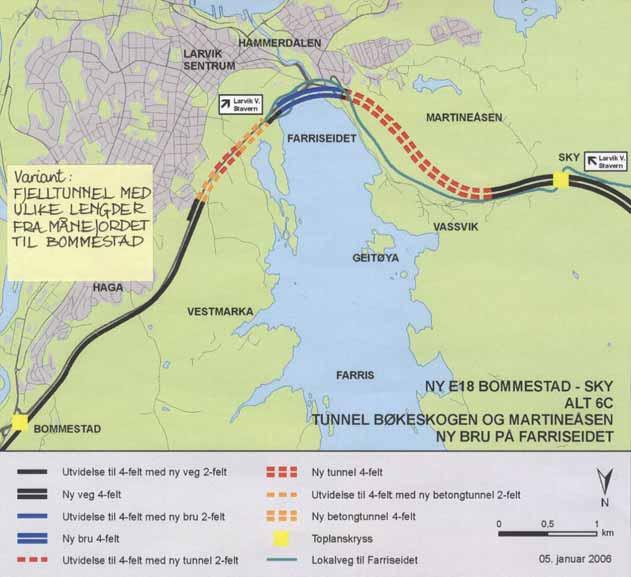 6.4 Alt 6C - Tunnel Bøkeskogen og Martineåsen, ny bru på Farriseidet Veg i dagen fra Bommestad og fram til vestre deler av Månejordet.