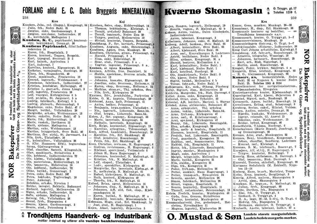 FORLANG altid E, G, Dahls Bryggeris MINERAtl Hær BØ Skomagasin 258 Kim Koj ' ' J Knudsen, s., red. (Dagsp.), Kongensgt. 84Knudsen, Sølve, eksp., Eiddervoldsgt. 14f> Julie, frk., Nedre Baki.