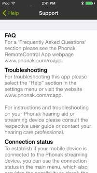 16.4 Hjelp detaljer Brukerstøtteinformasjon om Phonak RemoteControl Ap