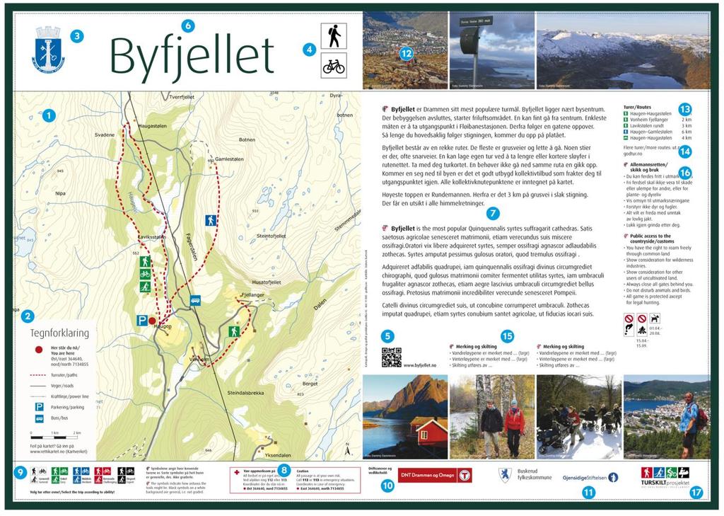 TURINFORMASJONSTAVLER Side 31 i manualen Består av: 1 Nærturkart 2 Tegnforklaring 3 Kommunevåpen 4 Aktuelle aktivitetssymbol 5 Optisk lesbar kode 6 Tittel 7 Innhold 8 Sikkerhets-info 9 Gradering 10