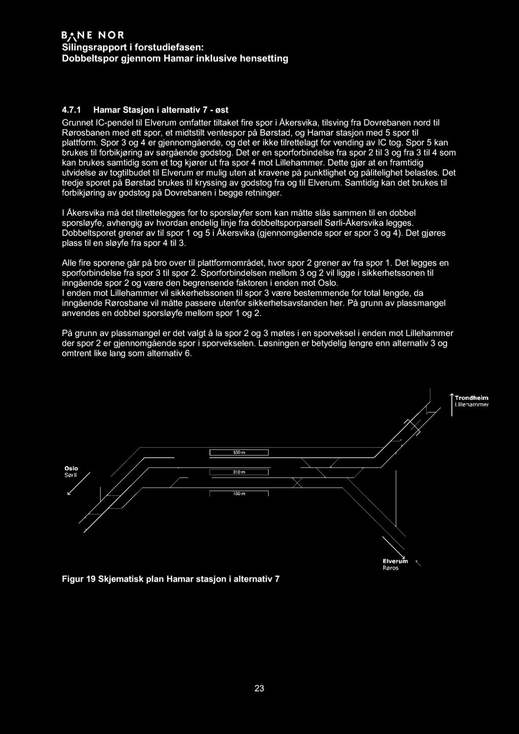 4.7.1 Hamar Stasjon i alternativ 7 - øst Grunnet IC - pendel til Elverum omfatter tiltaket fire spor i Åkersvika, tilsving fra Dovrebanen nord til Rørosb anen med ett spor, et midtstilt ventespor på