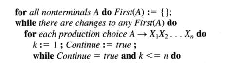 First-mengder terminal { First (A) = { a finnes avledning A * a } Def.: Dessuten: Om A er utnullbar, så er First(A) Pr. def. For terminal-symboler: First(a) = { a} Def.