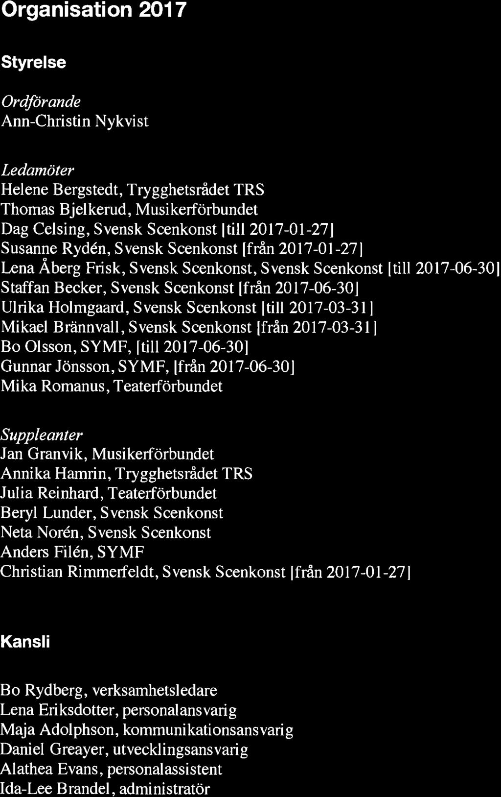 Organisation 2017 Styrelse Ordförande Ann-Christin Nykvist Ledamöter Helene Bergstedt, Trygghelsrådel Thomas B jelkerud, Musikerförbundet TRS Dag Celsing, Svensk Scenkunsl llill 2017 01-27] Susanne