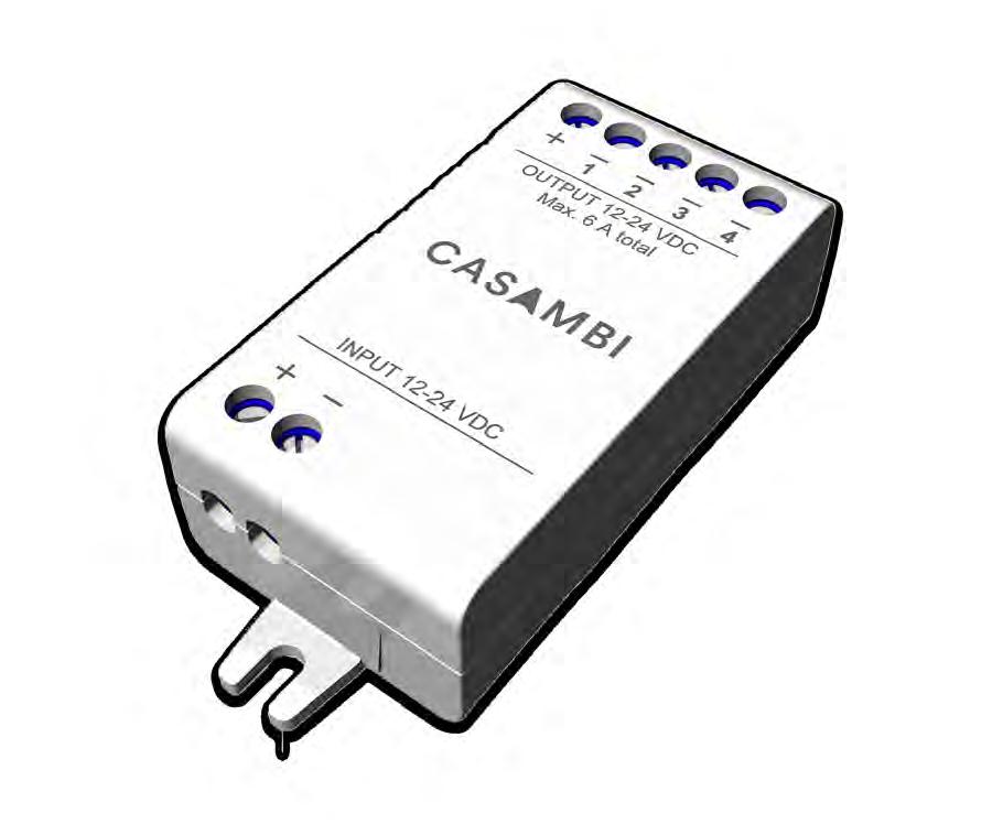 Produktbeskrivelse BLE PWM DIMMER 4-kanaler CBU-PWM4 er en Bluetooth kontrollerbar, Casambi aktivert, 4 kanals PWM dimmer for LED striper med