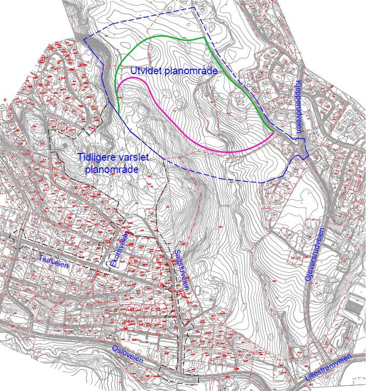 Figur 1: Planområdets beliggenhet. Tidligere varslet område er markert med sort, stiplet strek. Utvidet planområde er markert med blå strek.
