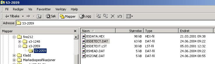 Konfigurering 5.2.3 Genererte filer Skjermbildene under viser en mappe med anleggsreferansenummer (S3-2059 i dette eksemplet), inklusive importfilen BSDETECT.DAT.