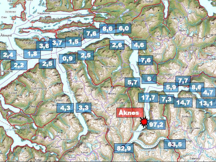 Figur 3. Oversikt over estimerte maksimale oppskyllingshøyder ved et fjellskred fra Åknes på 54 millioner m 3 (data fra NGI 2010).