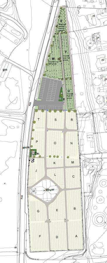 Eksisterende gravplass: Eksisterende gravplass ligger på flaten rundt kirken, med graver orientert øst-vest.