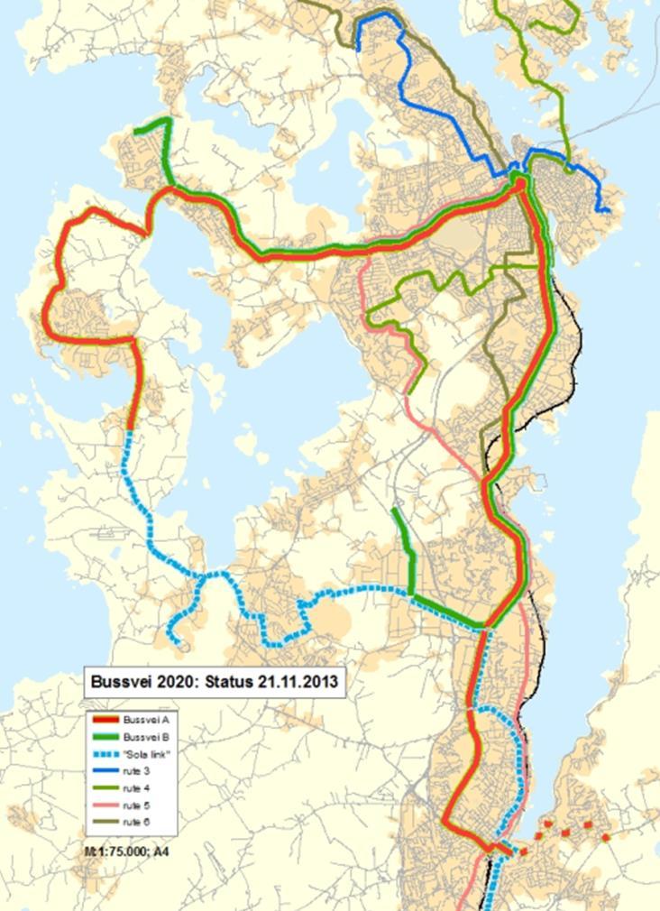 Planer for overordnet kollektivnett Bussvei 2020 Linje A og B Viktige element