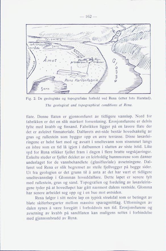 162 Fig. 2. De geologiske og topografiske forhold ved Rena (etter foto Harstad). The geological and topographical conditions at Rena. flate. Denne flaten er gjennomfuret av tidligere vannløp.