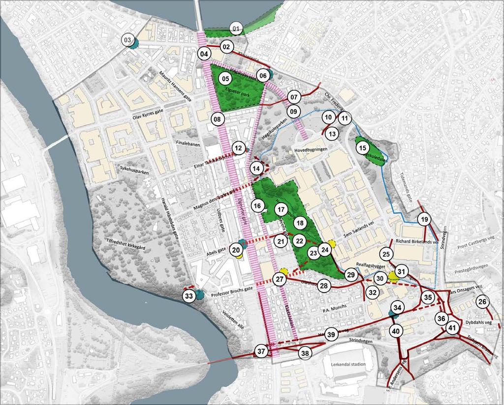 3.1 Oversiktskart tiltak Det er to hovedkategorier av tiltak: Plassrom og forbindelser. For oversiktens skyld er det tatt med tiltak som er under planlegging, som Elgeseter gate.