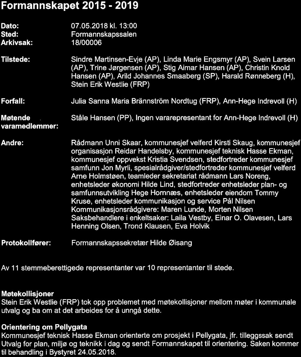 ØTEPROTOKOLL Formannskapet 2015-2019 Dato: Sted: Arkivsak: Tilstede: Forfall: Møtende varamedlemmer: Andre: Protokollfører: kl.