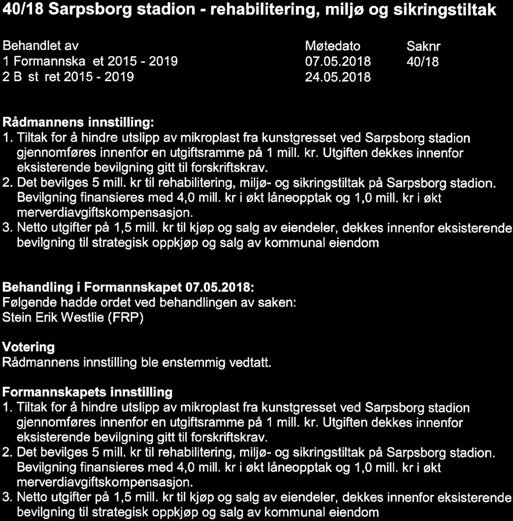 40/18 Sarpsborg stadion - rehabilitering, miljø og sikringstiltak 2 B st ret 2015-2019 24. 05.2018 40/18 1.