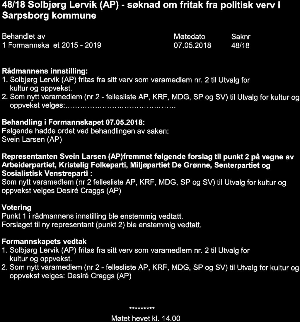 48/18 Solbjørg Lervik (AP) - søknad om fritak fra politisk verv Sarpsborg kommune 48/18 1. Solbjørg Lervik (AP) fritas fra sitt ven/ som varamedlem nr. 2 