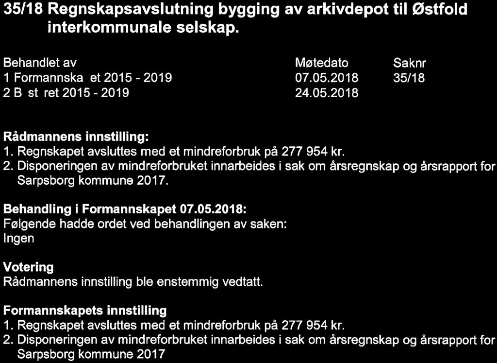 35/18 Regnskapsavslutning bygging av arkivdepot til Østfold interkommunale selskap. 2 B st ret 2015-2019 24. 05. 2018 35/18 1. Regnskapet avsluttes med et mindreforbruk på 277 954 kr. 2. Disponeringen av mindreforbruket innarbeides i sak om årsregnskap og årsrapport for Sarpsborg kommune 2017.