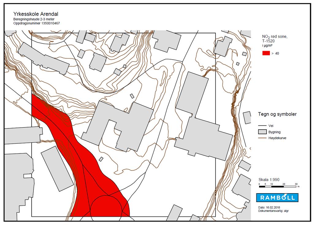 Figur 7. Luftsonekart som viser modellerte konsentrasjoner av nitrogendioksid (NO2) for planområdet.