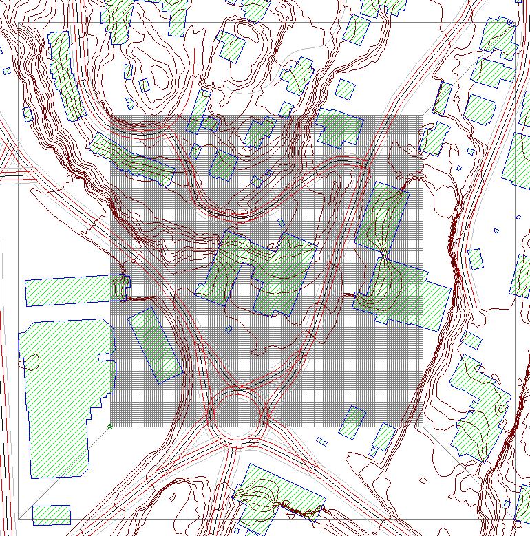 Figur 3. Oppløsningsdomenet for beregningsområdet for beregning av spredning av PM10 og NO2 ved Arendal med SoundPLAN MISKAM.