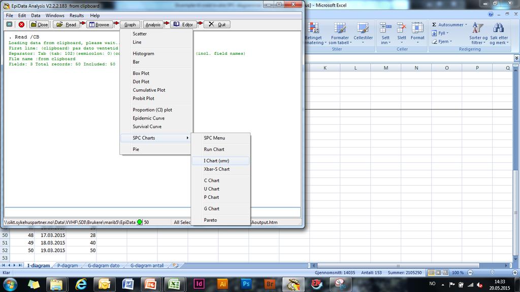 Velg diagramtype som skal lages Klikk på Graph Klikk på SPC Charts Klikk på I Chart (xmr) Etter at tall er importert til Epidata