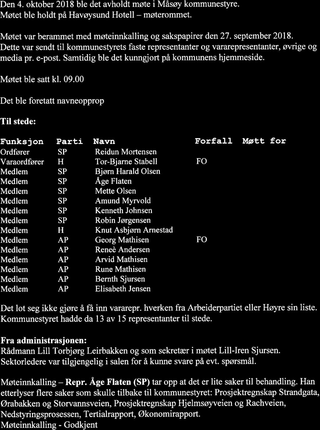 Den 4. oktober 2018 ble det avholdt møtei Måsøy kommunestyre. Møtet ble holdt på Havøysund Hotell - møterommet. Møtet var berammet med møteinnkalling og sakspapirer den 27. september 2018.