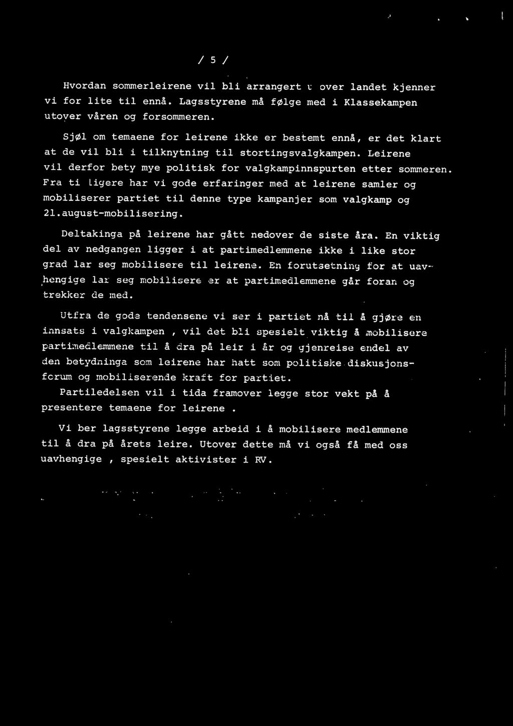 Fra tidligere har vi gode erfaringer med at leirene samler og mobiliserer partiet til denne type kampanjer som valgkamp og 2l.august-mobilisering. Deltakinga på leirene har gått nedover de siste åra.