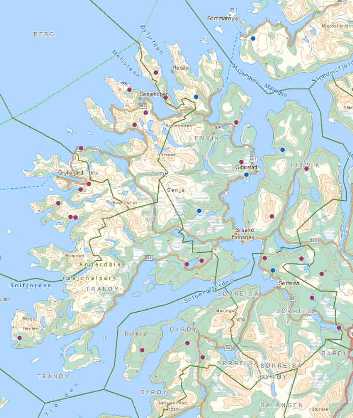 Figur 2.3 Viser lokaliseringen av de større drikkevannsuttakene i vannområdet Senja. Det er under utredning en rekke nye vannkraft-utbygginger.