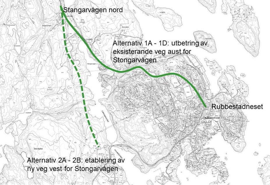 Side 7 Tidlegare vurderingar av traséalternativ Statens vegvesen har tidlegare gjort vurderingar av ny trasé til Rolfsnes. Fv. 19 Rubbestadneset Rolfsnes ligg inne i Bømlopakken.
