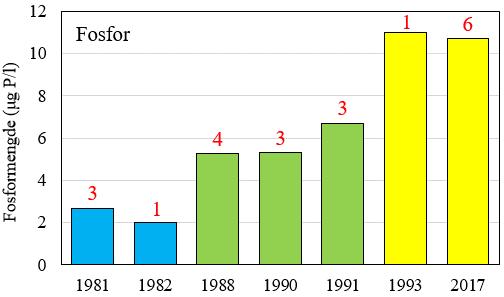 UTVIKLING AV TILSTANDEN Storavatnet har vært undersøkt tidligere, og innholdet av næringsstoffet fosfor har økt betraktelig i perioden fra 1981 til denne undersøkelsen i 2017 (figur 10).