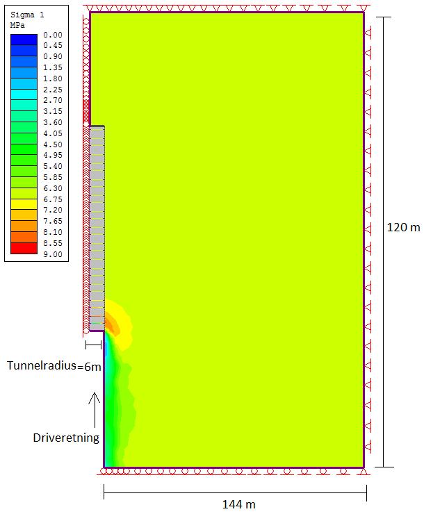 Figur 47: σ 1 ved GSI 26,5 og σci=44 MPa (sett ovenfra) Figur 48: σ 1 ved GSI 26,5 og σci=44 MPa foran stuff. "Query" er plottet i senter av tunnelen foran stuff.