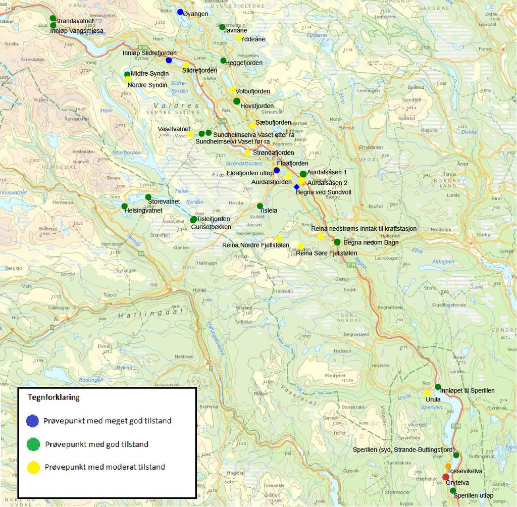 5. RESULTAT OG DISKUSJON Figur 4 oppsummerer resultatene av overvåkningen i Valdres vannområde 2011 og 2012.