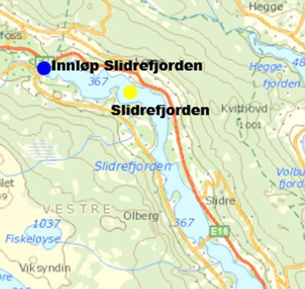 Figur 7: Geografisk plassering og samlet tilstandsvurdering av prøvepunktene ved Slidrefjorden, Vestre Slidre kommune, overvåkingsårene 2011 og 2012.