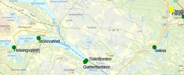 Figur 10: Geografisk plassering og samlet tilstandsvurdering for prøvepunkt i Helsingvatnet, Storevatnet, Tisleifjorden og Gurisetbekken i 2012 og Tisleia i 2011 og 2012.