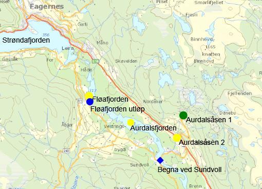 Figur 11: Geografisk plassering og samlet tilstandsvurdering av prøvepunkt Fløafjorden, Fløafjorden utløp, Aurdalsfjorden, Aurdalsåsen 1 og 2 og Begna ved Sundvoll, Nord Aurdal kommune, 2011 og 2012.