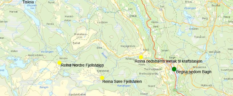 Figur 12: Geografisk plassering og samlet tilstandsvurdering av prøvepunkt i Reina og i Begna nedom Bagn, Sør Aurdal kommune, 2011 og 2012.