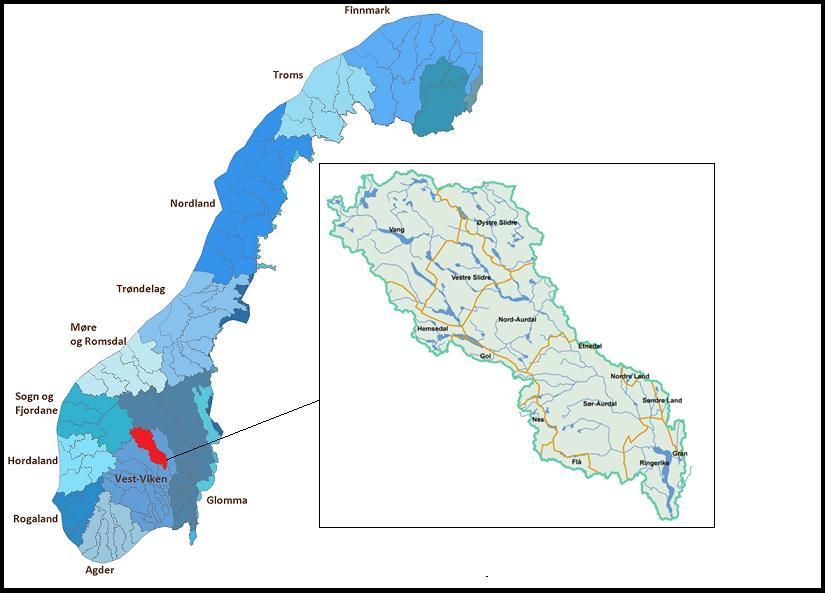 Figur 1: Kart over Valdres vannområde. Vannområdet omfatter Begnavassdraget og Sperillen med hele dens nedbørsfelt og er dermed en del av Drammensvassdraget.