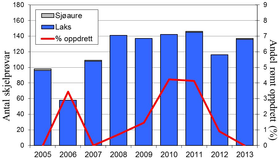 FANGST OG SKJELPRØVAR I OGNA Gjennomsnittleg årsfangst i perioden 1985-2013 var 1919 laks (snittvekt 2,2 kg) og 130 sjøaurar (snittvekt 0,9 kg).