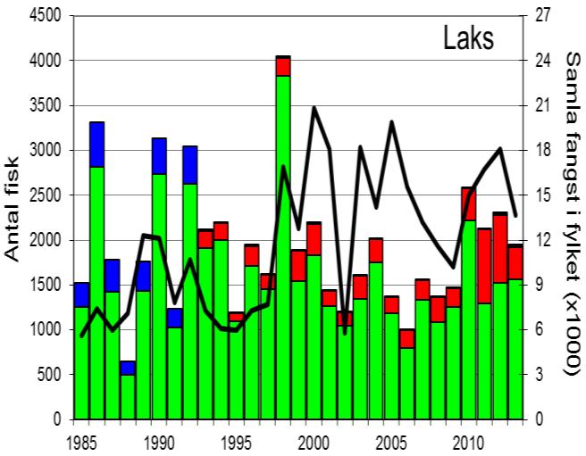 1000 laks, har tendensen vore aukande, og dei fire siste har fangstane variert mellom ca. 2000 og 2500 laks (figur 1, stolpar). Dei beste sjøaurefangstane var i perioden 1985-92, med 1986 som toppår.