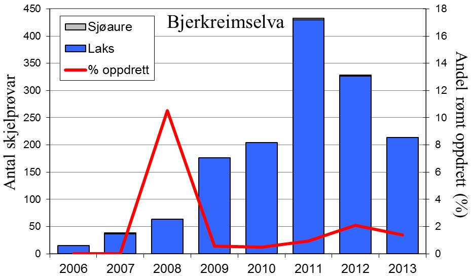 Variasjonen i både laks- og sjøaurefangstane i Bjerkreimselva dei siste 15 åra har vore svært lik den ein har sett i resten av fylket (figur 1, linjer).