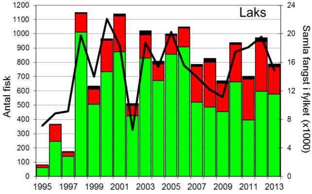 Variasjonen i både laks- og sjøaurefangstane i Sokna har vore svært lik det ein har sett i resten av fylket (figur 1, linje), med unntak av at laksefangsten var noko låg i 2011, og sjøaurefangstane