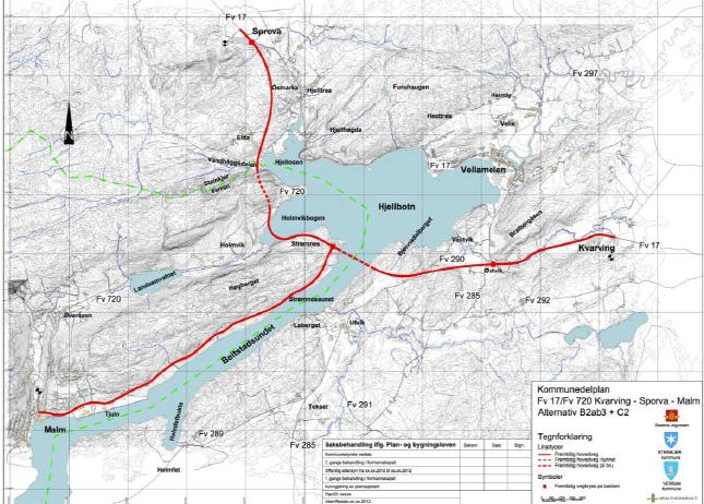 Vedtatte kommunedelplaner for ny fv 17/720 Kvarving- Sprova- Malm KDP Kvarving- Sprova fastsetter arealbruken til «Samferdselsanlegg og teknisk infrastruktur» (Sosi 2001).