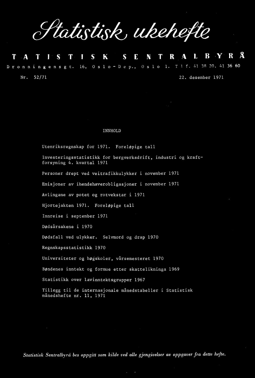 kvartal 1971 Personer drept ved veitrafikkulykker i november 1971 Emisjoner av ihendehaverobligasjoner i november 1971 Avlingane av potet og rotvekstar i 1971 Hjortejakten 1971.