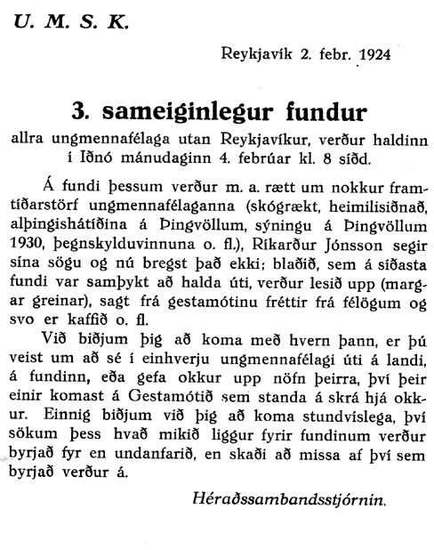 Saga UMSK Fregnmiði auglýsir Farfuglafund UMSK í febrúar 1924.