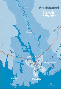 Overordnet arealstrategi Kommuneplanens samfunnsdel bør omhandle en overordnet arealstrategi, slik denne også foreligger i gjeldende plan for Larvik («Sommerfuglen» med tilhørende presiseringer).