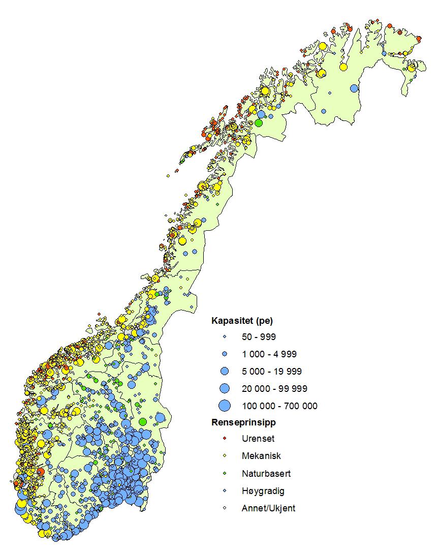 Rapporter 2017/40 Kommunale avløp 2016 Figur 4.1. Geografisk plassering av avløpsanleggene 1 ( 50 pe) etter renseprinsipp og kapasitet.