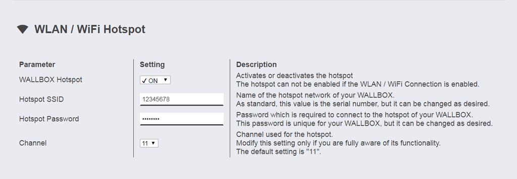 WLAN/WiFi-sone Sonen som er innebygget i Wallbox, er aktivert som standard. Navnet på nettverket er serienummeret til Wallbox som du finner på siden på typeskiltet.