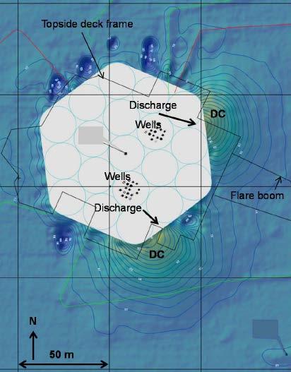 Figur 2-14 Havbunnstopografi rundt SFA. Blå sirkler indikerer lagerceller. Borekaks er markert med DC (DNV, 2012a) 2.7.