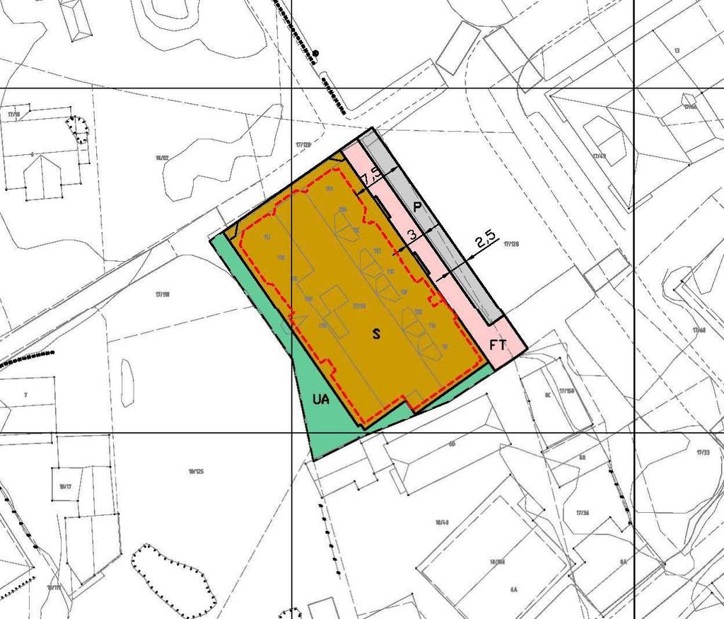 Omtale av planframlegget Planframlegg 12.oktober 2012, raud linje viser vegglivet på bygget. S Sentrumsformål Området dekker Flåtengården med eksisterande takutstikk.